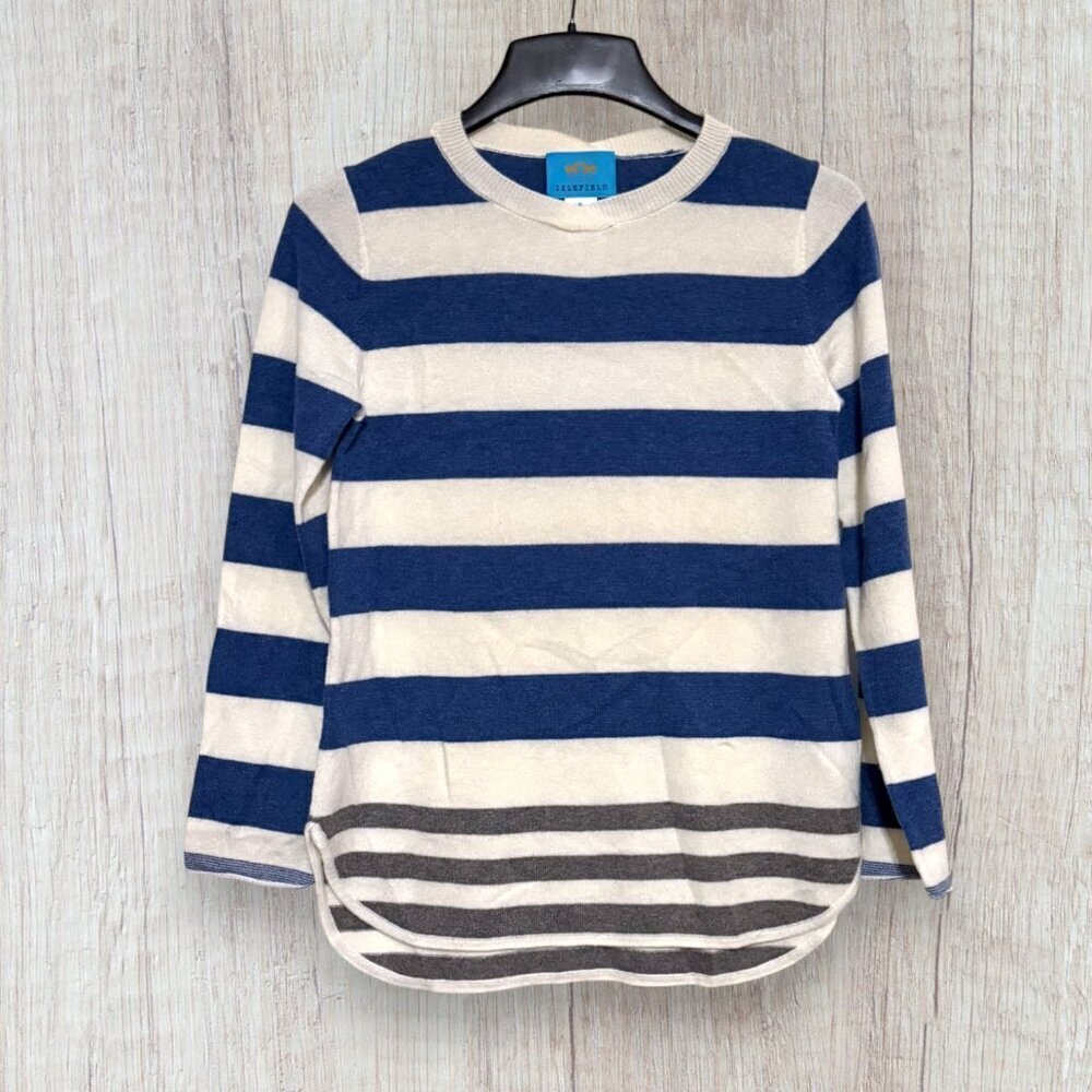Islefield Blue Cream Striped Cashmere Sweater Crewneck Nautical Curved Hem M